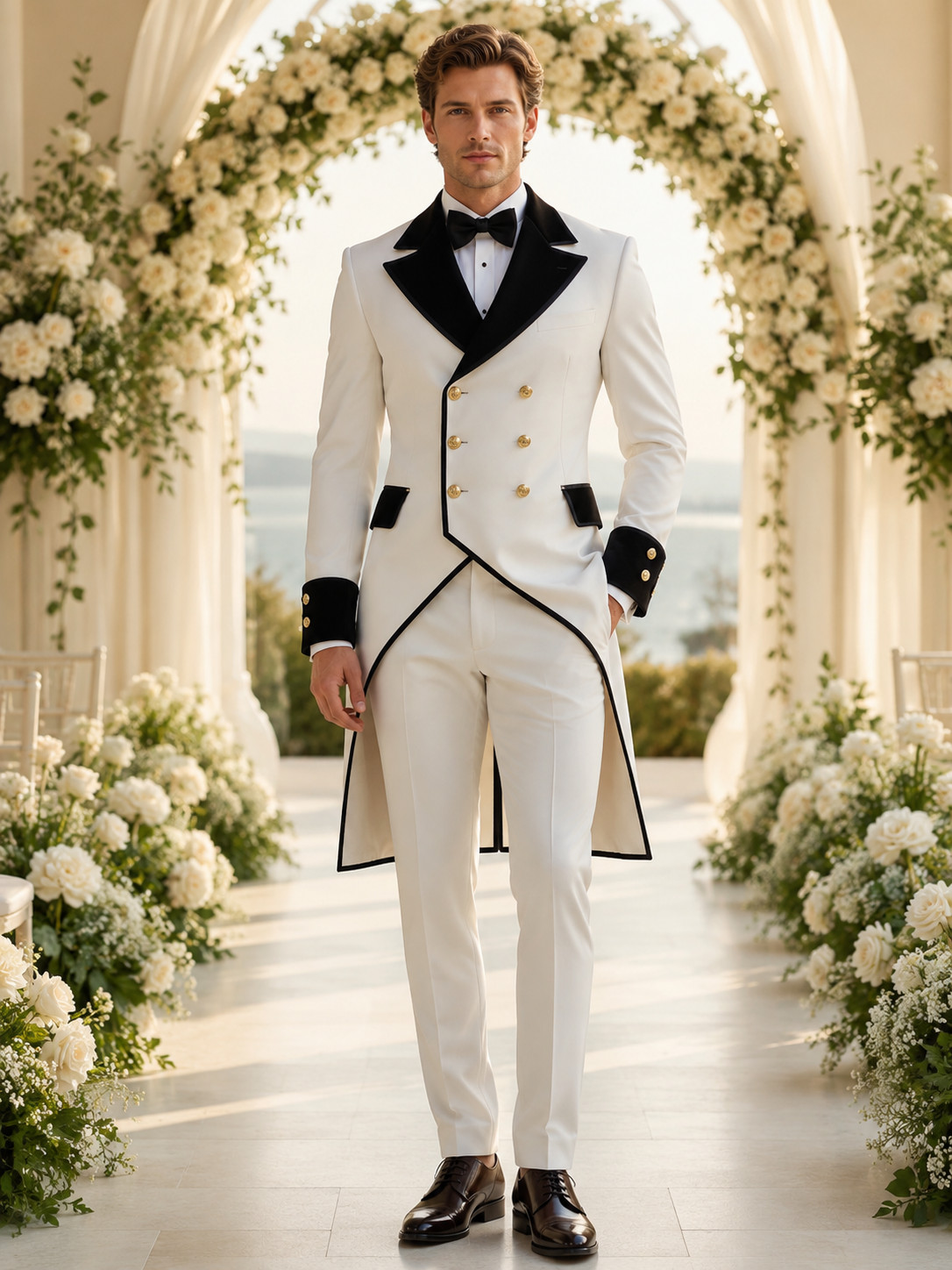Mens White Black Tailcoat 2 Piece Tuxedo Suit Wedding Groom Prom Formal Party