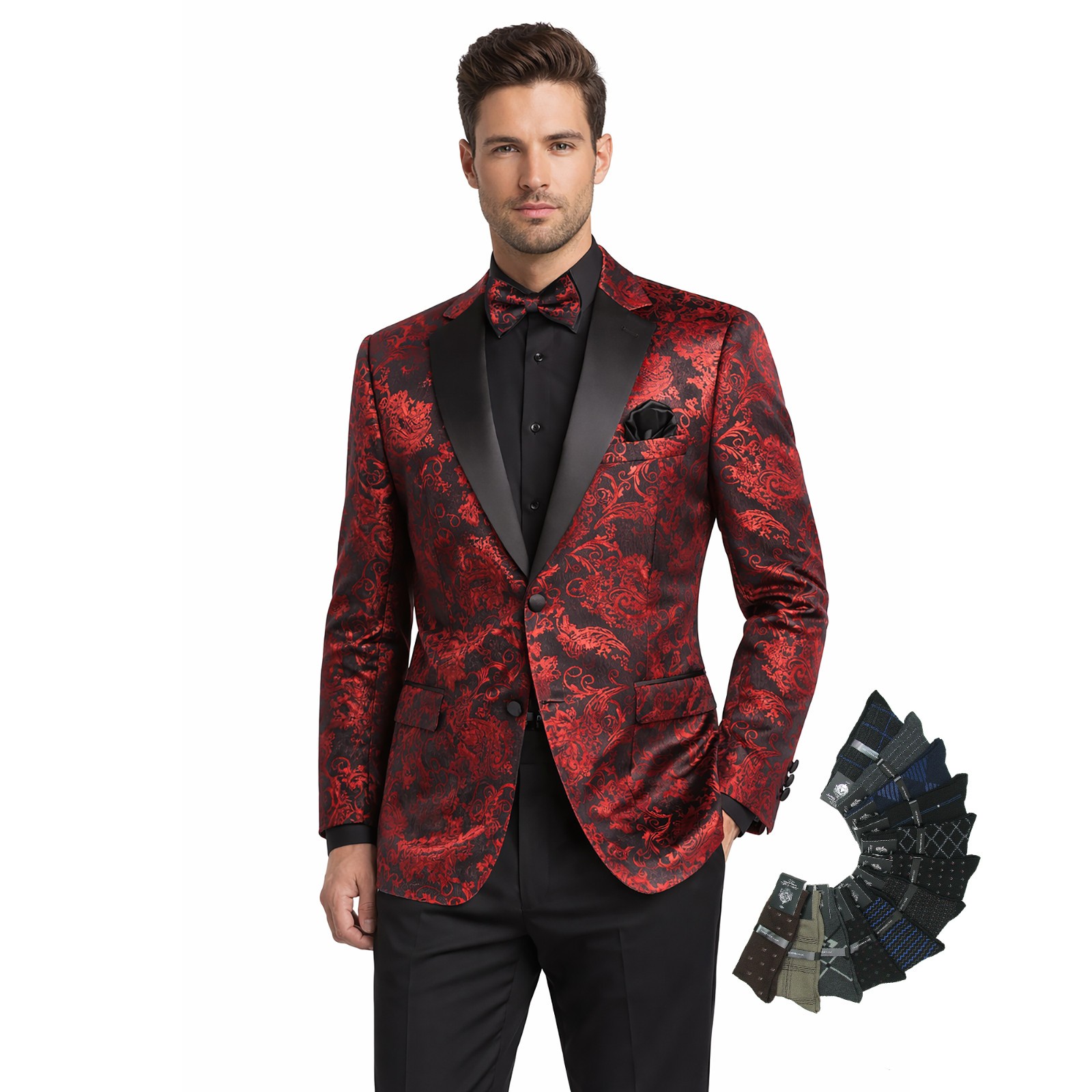 Men’s Paisley Embossed Blazer Modern Fit Tuxedo Jacket + Bow Tie & Free Socks