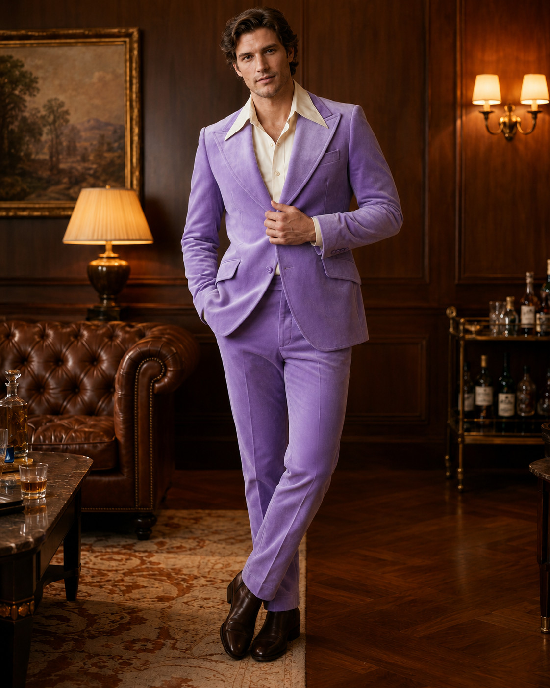 Mens Lavender Purple Velvet 2 Piece Suit Blazer Pants Wedding Prom Party Outfit