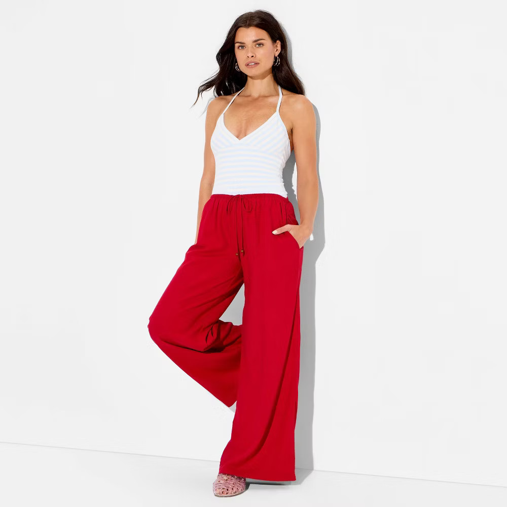Women Low-Rise Baggy Leg Linen Pull-On Pants – Wild Fable Red XS