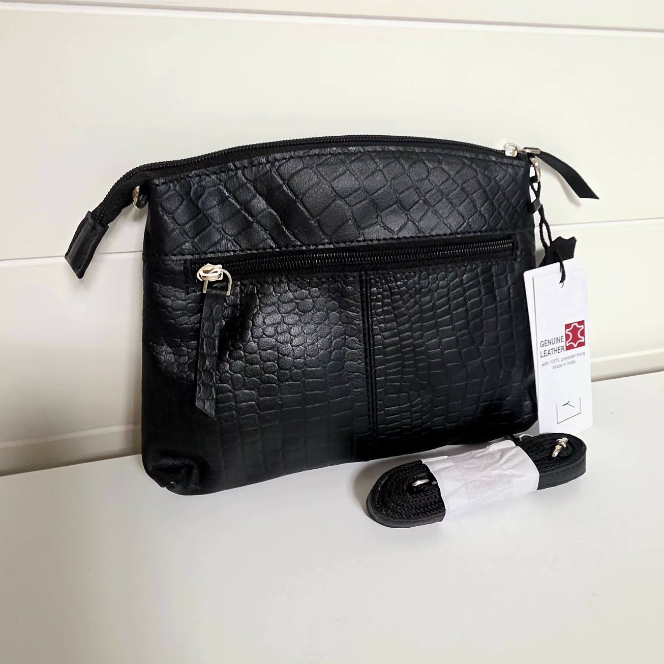 Black Crocodile Embossed Crossbody Pouch Zip Closure Detachable Strap Medium
