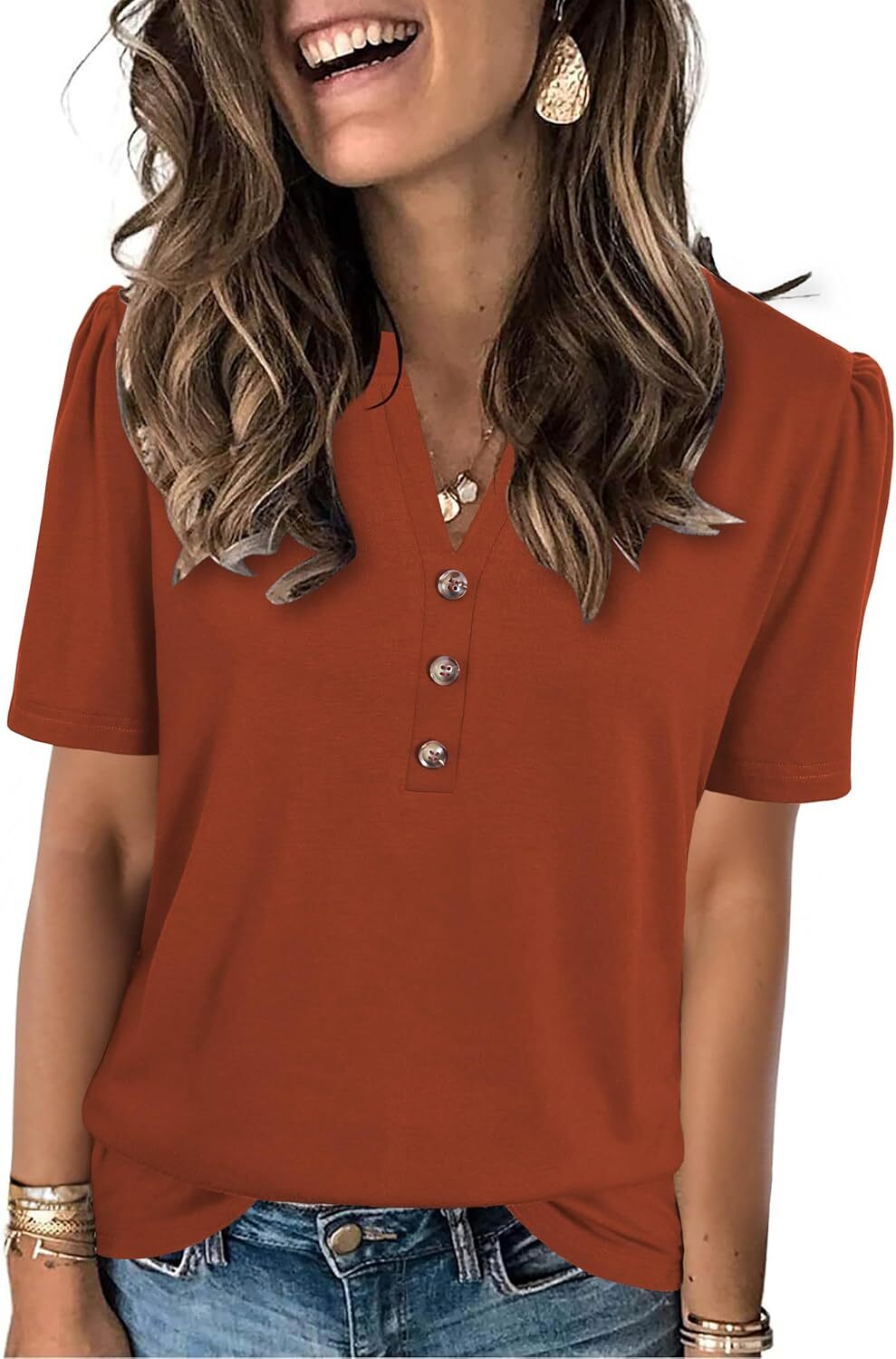 Short Sleeve Womens Casual Shirt Loose Fit V Neck Summer Top Soft Breathable