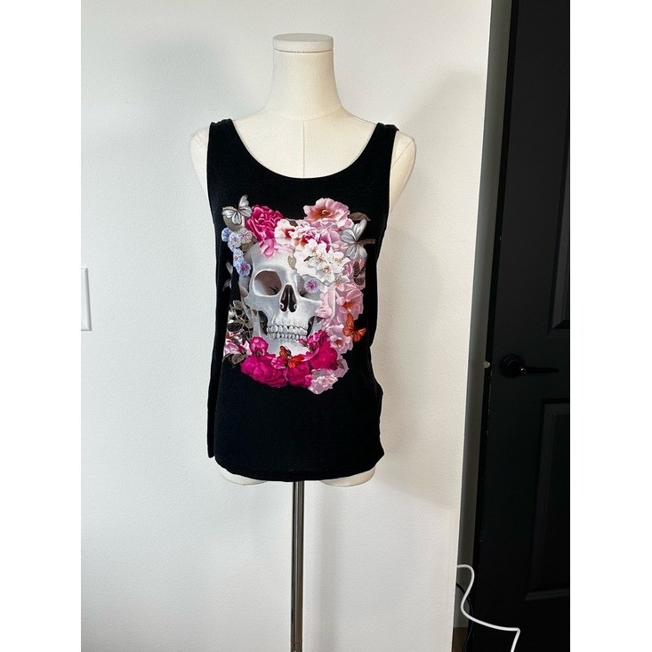 Black Y2K Grunge Emo Floral Skull Print Graphic Tank Top Size 6