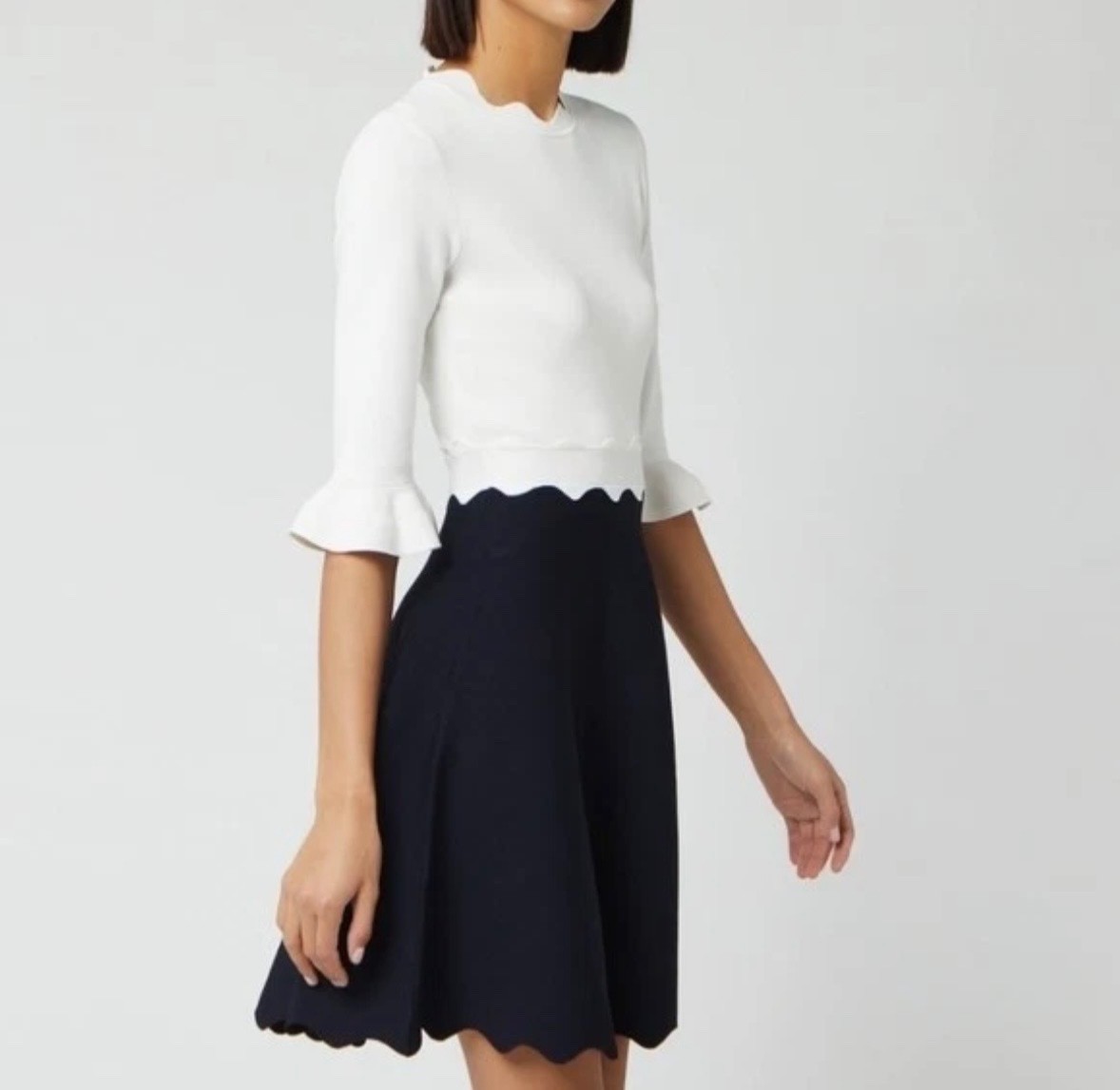 ted baker white/black knit scalloped edge skster dress size s