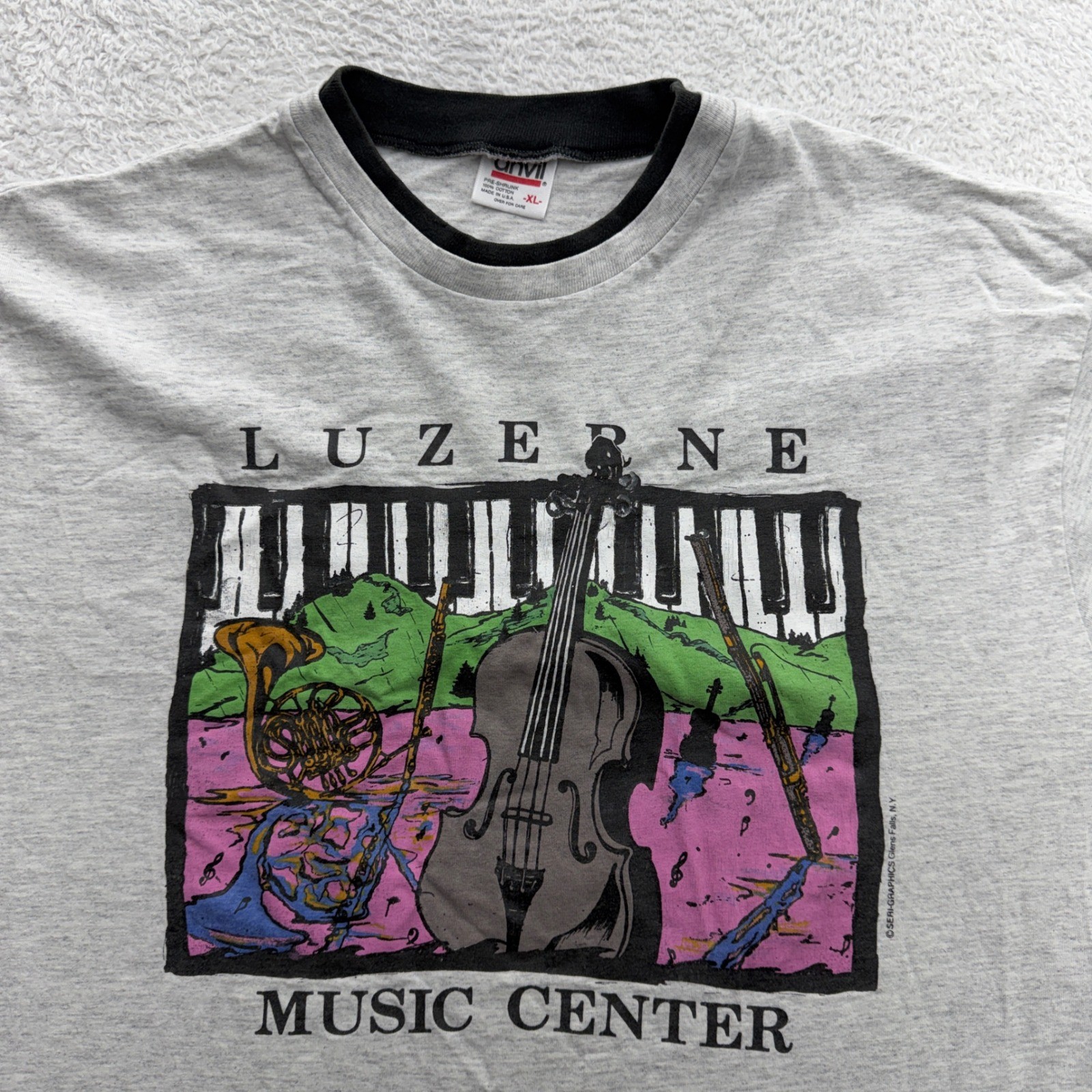 Vintage Anvil Luzerne Music Center Ringer T-Shirt Gray Mens XL Made in USA 90s