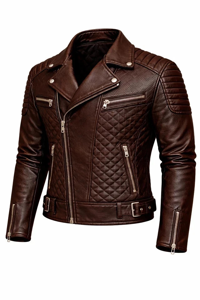 Men’s Dark Brown Genuine Leather Biker Jacket Quilted Handmade