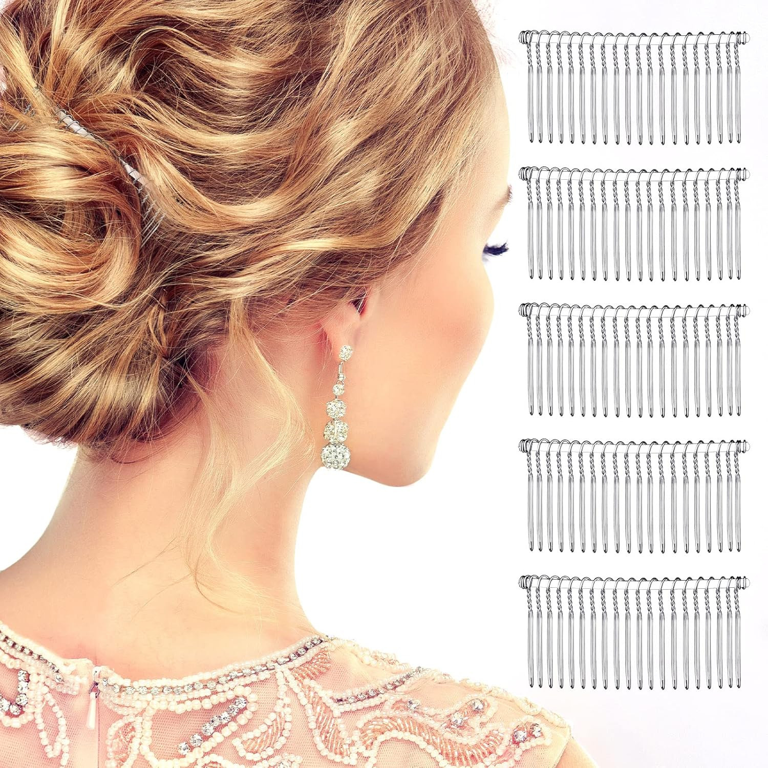 5 Count White Metal Hair Combs With 20 Teeth For Tiaras And Crafts