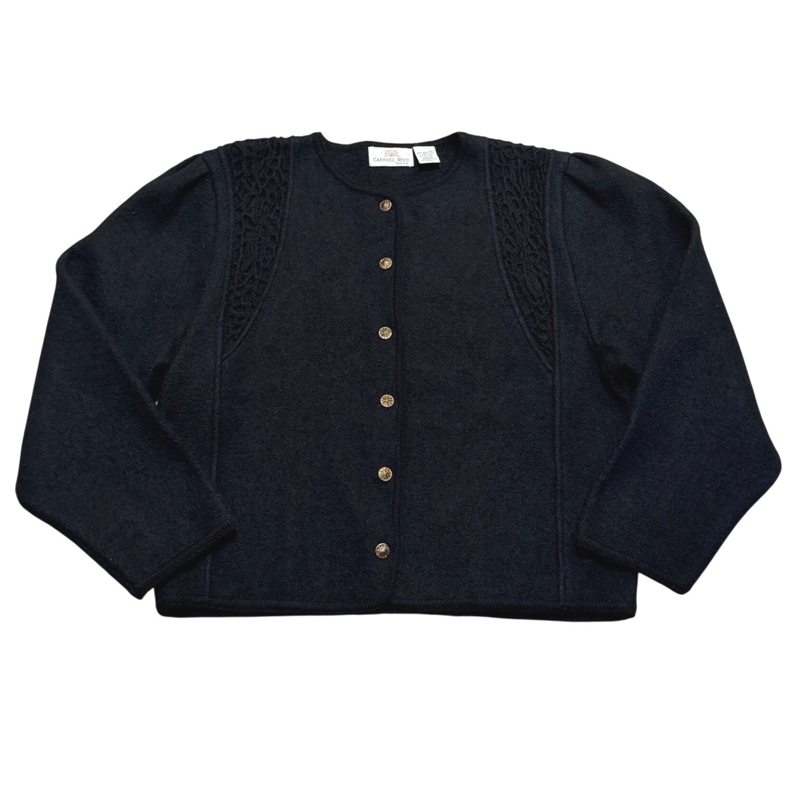 Carroll Reed Vintage 100% Wool Black Cardigan Crochet Detail Gold Button XL