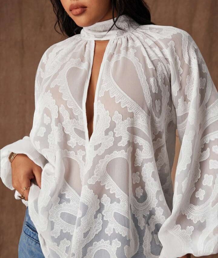 Chic Oversized White Chiffon Delicate Pattern Semi Sheer Tie Bow Blouse Sz 14-16