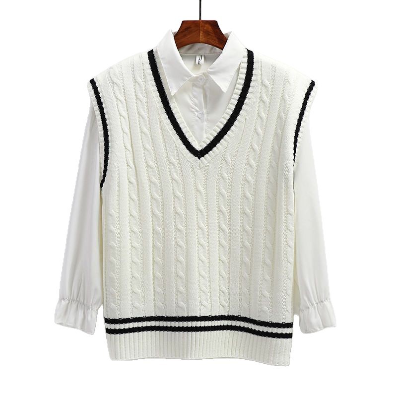 Women’s Preppy Knitted Sweater Vest V Neck Striped Sleeveless Pullover Top