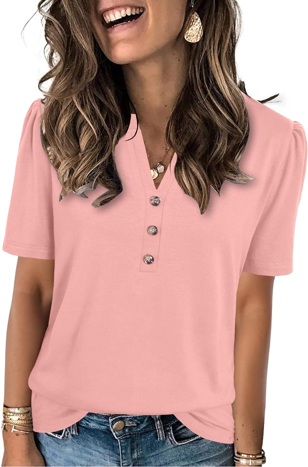 Short Sleeve Womens Casual Shirt Loose Fit V Neck Summer Top Soft Breathable