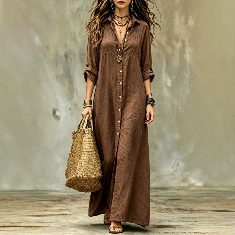 NEW Shirt-collar Floor-length Casual Simple Long Dress Sizes S-4XL