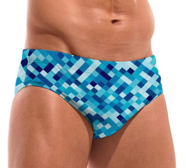 Shades of Blue Block Print Men’s Swim Briefs w/ Drawstring. Size Large 34″-36″