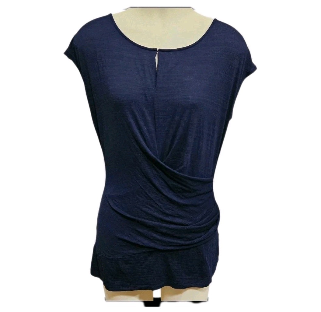 NY&Co Navy Blue Faux Wrap Top M Draped Ruched Keyhole Short Sleeve