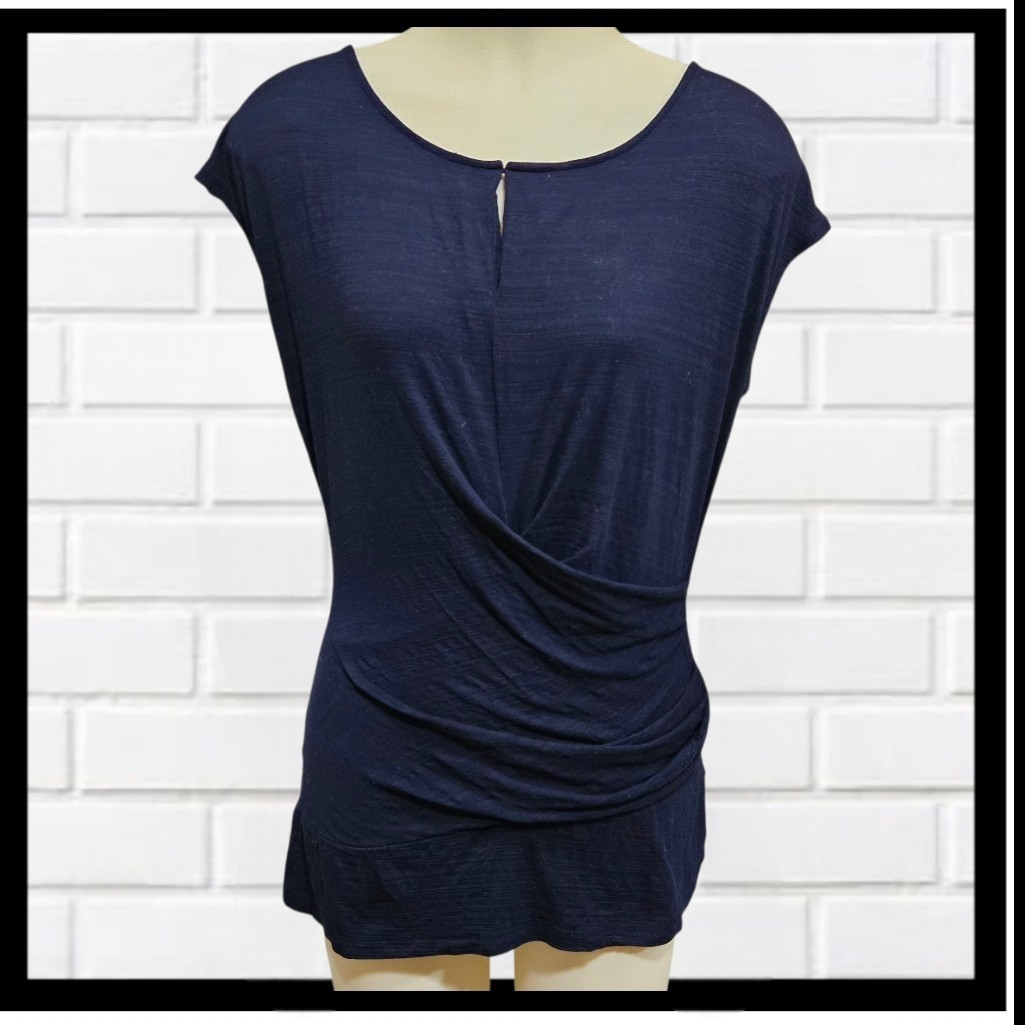 NY&Co Navy Blue Faux Wrap Top M Draped Ruched Keyhole Short Sleeve