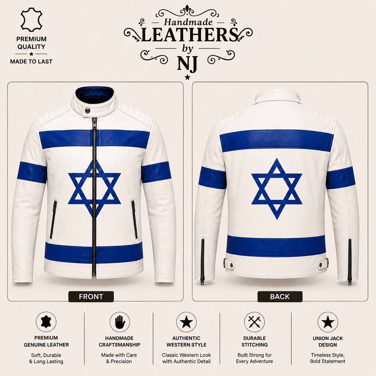 Israel Flag Leather Jacket, Union Jack Leather Coat, Men Women Vintage