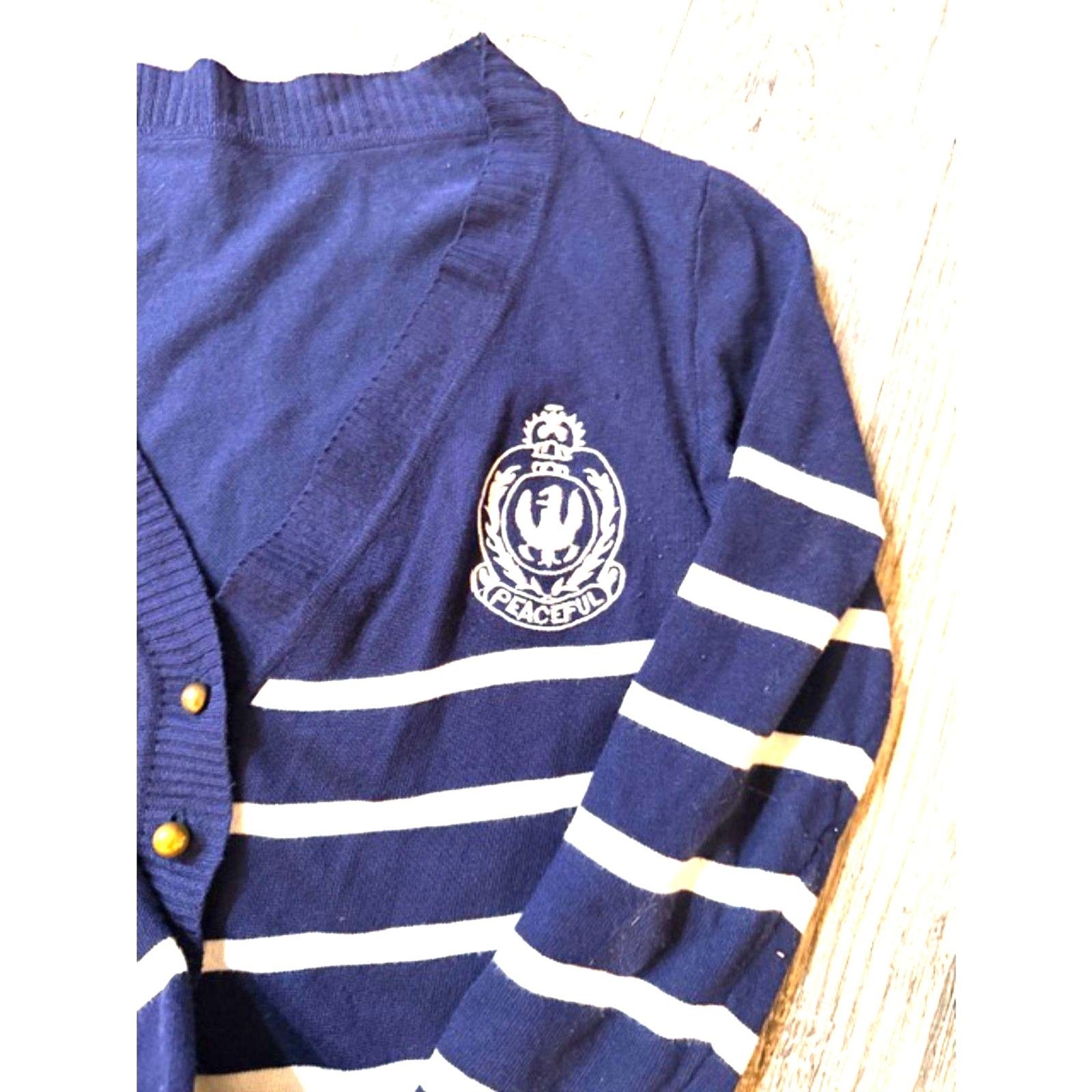 Peaceful Navy Striped Cardigan Sweater Crest Gold Buttons Preppy Nautical Size M