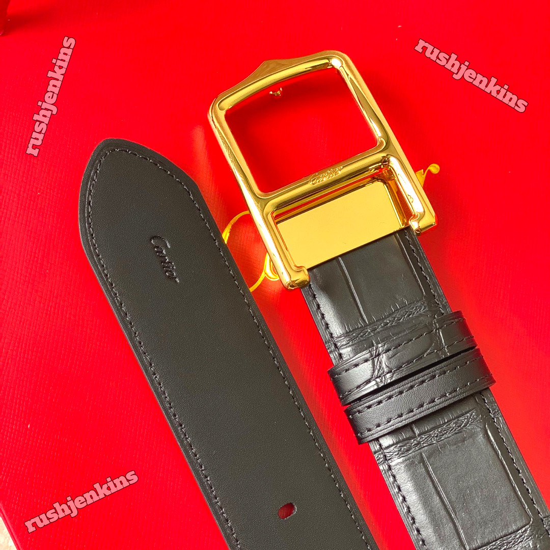 CARTIER Black Crocodile Leather Belt Gold Buckle Luxury Mens Designer Belt