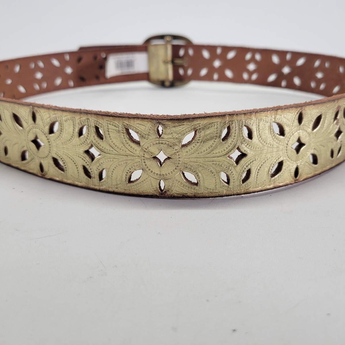 Fossil Leather Belt 30 32 34 M Flower Cut Out Gold Metallic BT3869546M