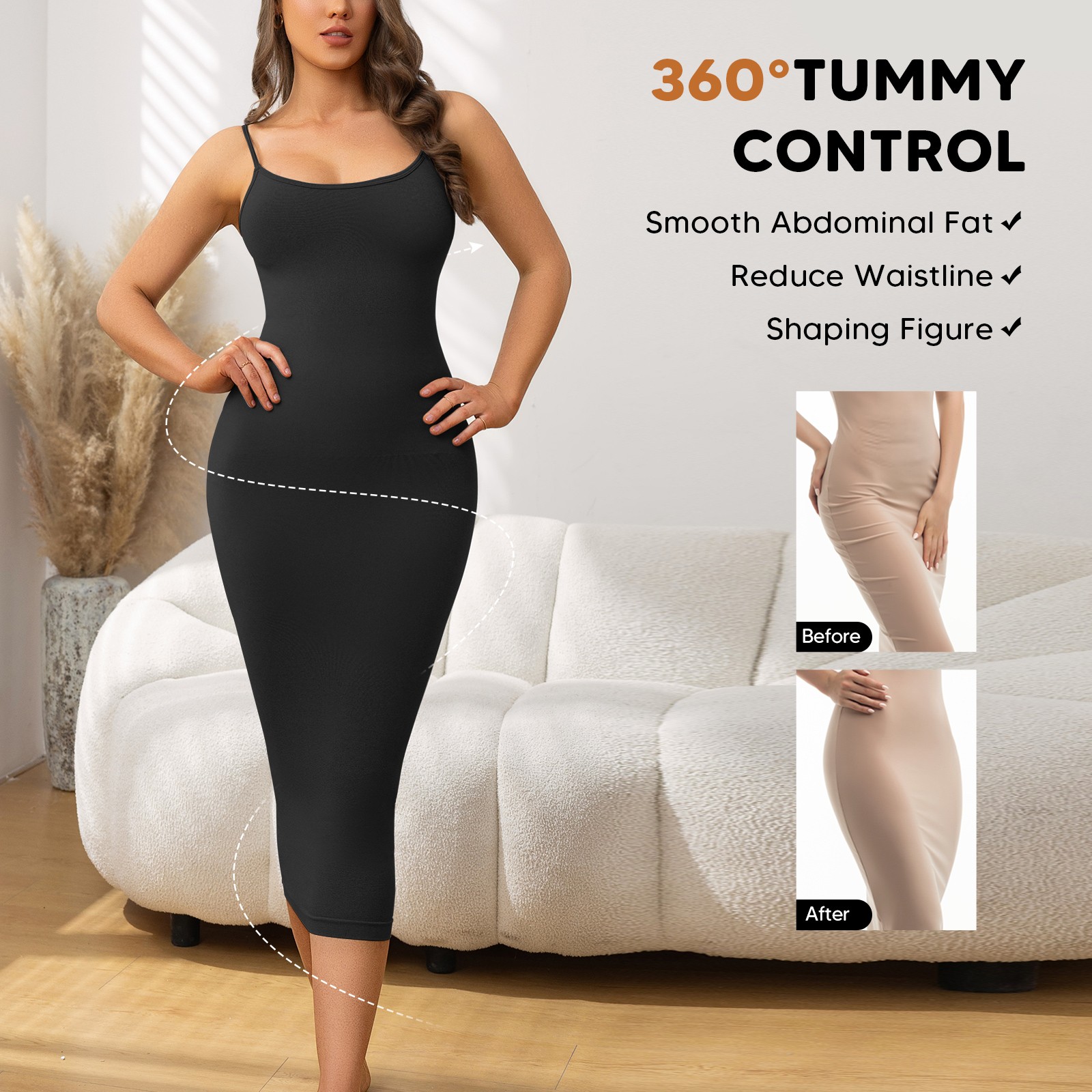 Women’s Tummy Control Midi Dress – Slimming Bodycon Sleeveless Shapewear Evening
