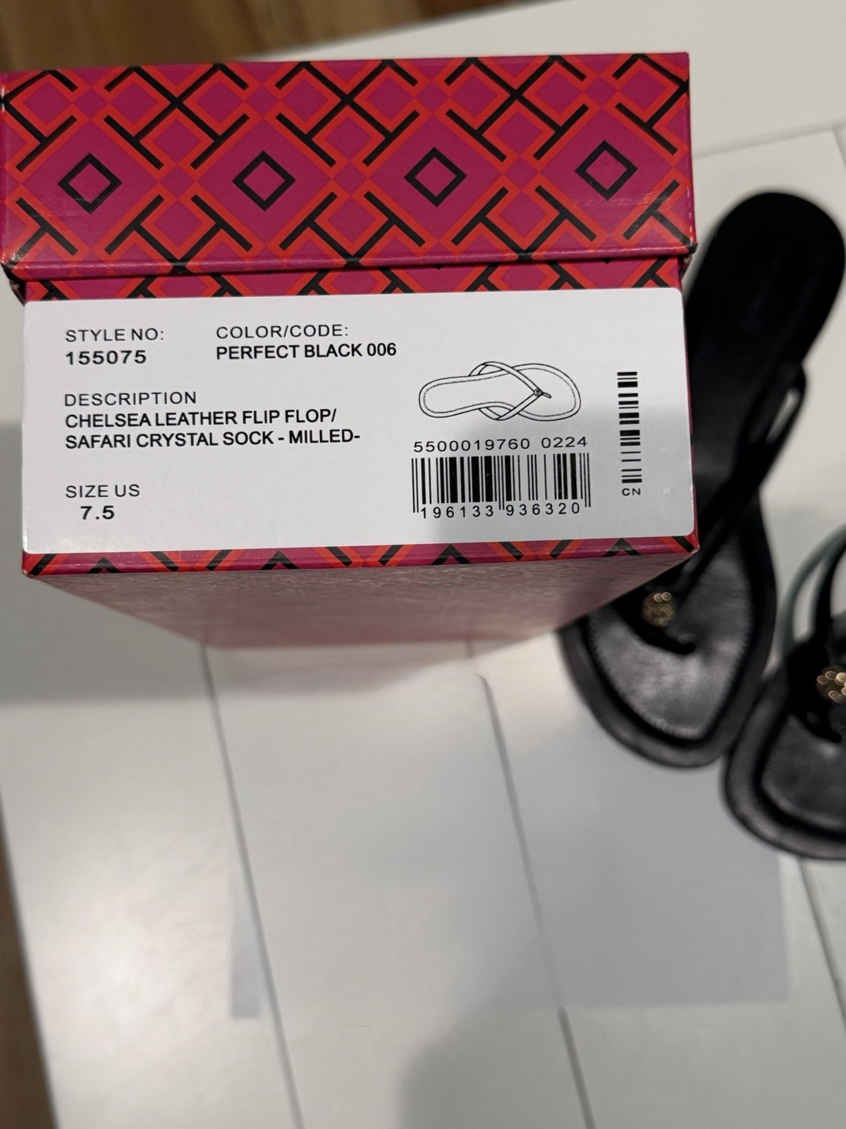 TORY BURCH Chelsea Safari Crystal Sock Black Leather Flip Flops w/box 7.5