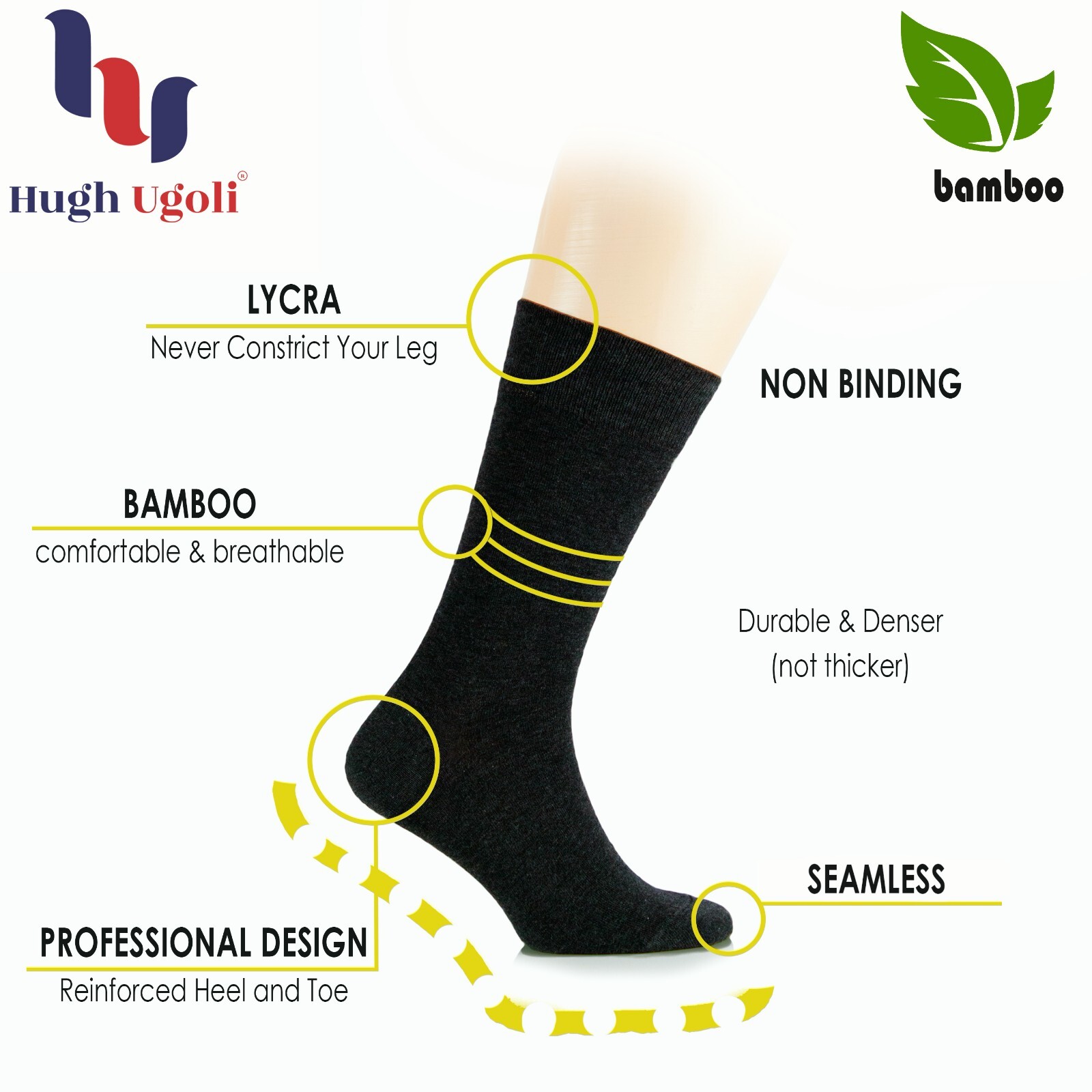 Hugh Ugoli Women’s Bamboo Dress Socks Soft Seamless Toe, 3 Pairs, Size: 5-8/9-11