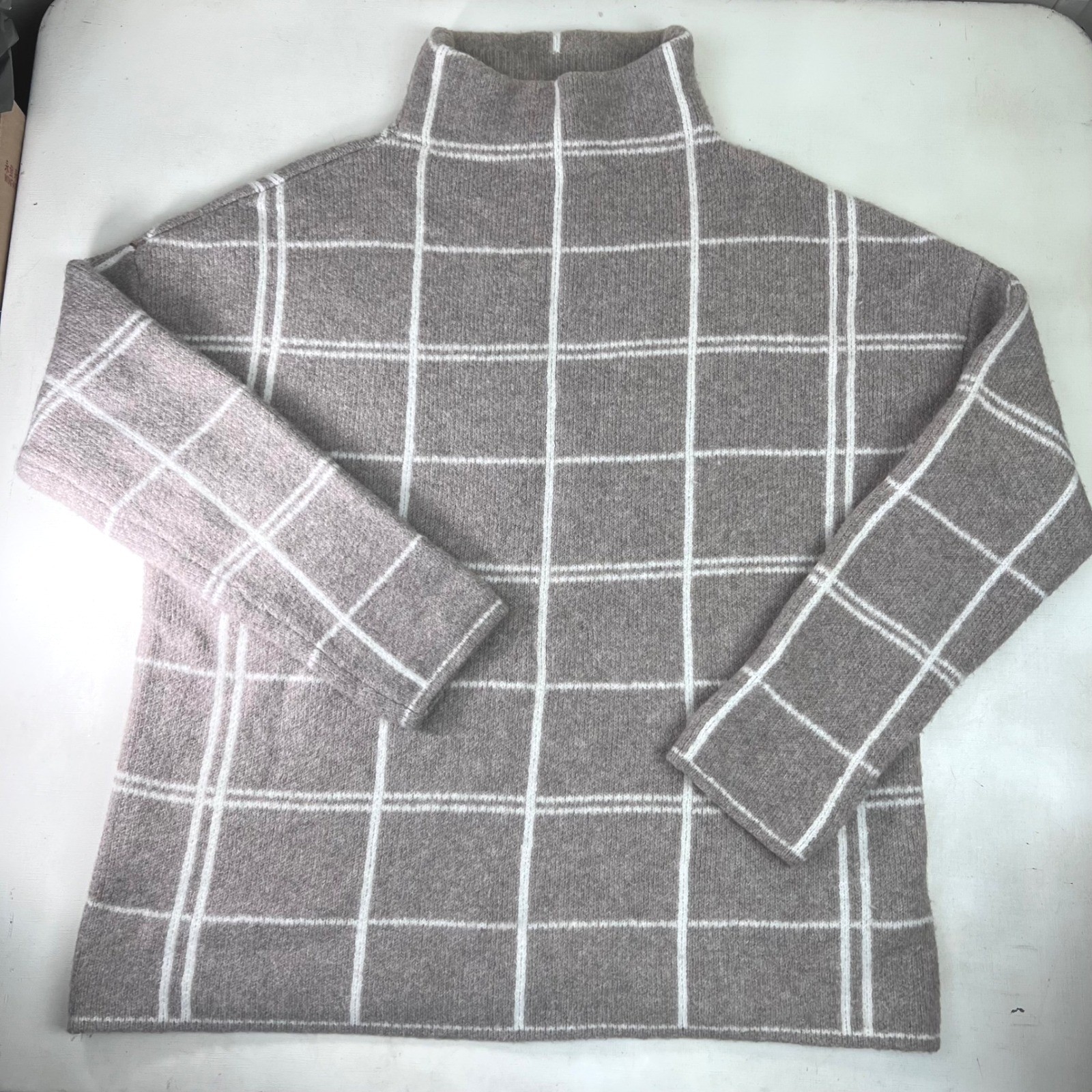 Beige Wool Plaid Mock Neck Pullover Sweater Large Christian Siriano New York