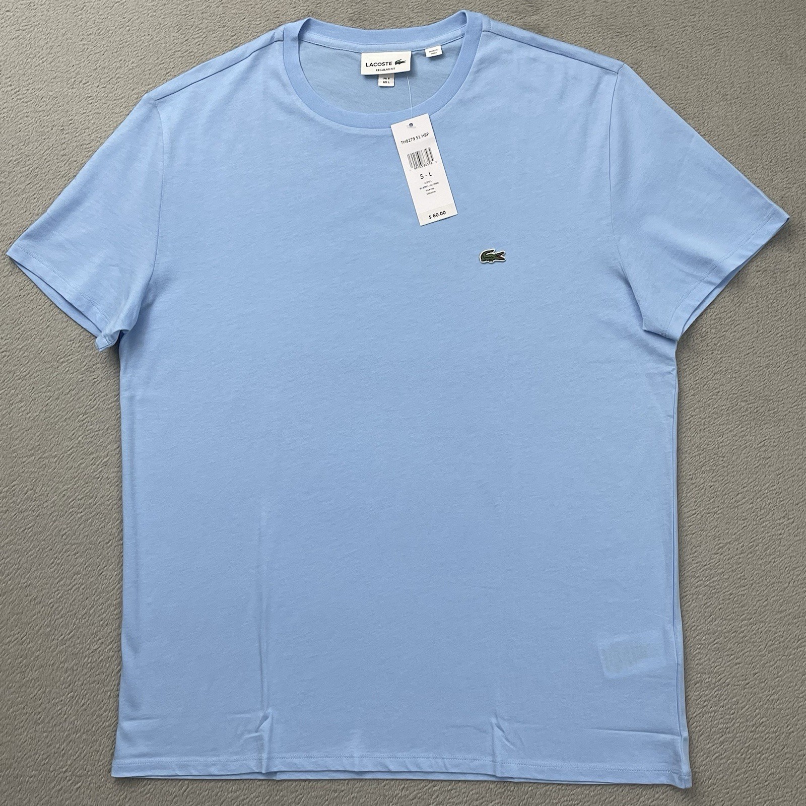 Lacoste T-Shirt Regular Fit Men’s L Solid Light Blue Cotton Logo Crew Neck NWT
