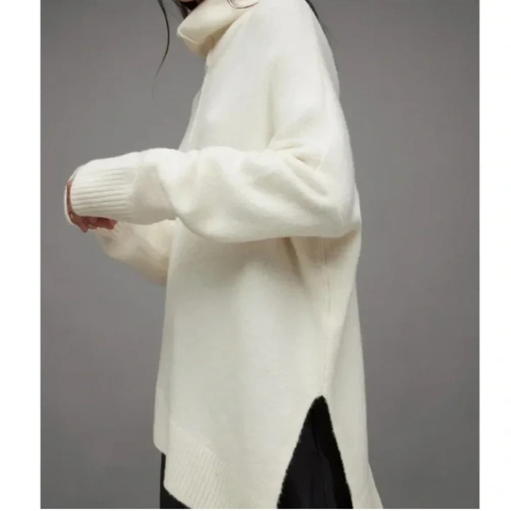 AllSaints Ivory Asymmetric Roll Neck Wool Yak Blend Sweater Sz Large