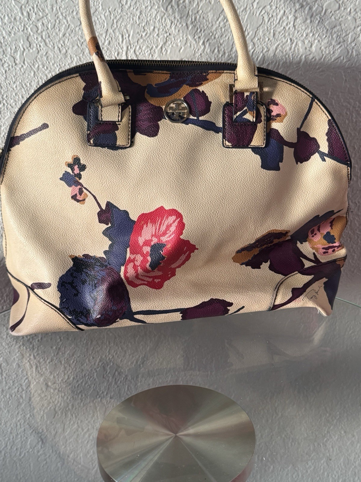 Tory Burch Beige Floral Dome Satchel Top Handle Zip, Logo, Gold Hardware