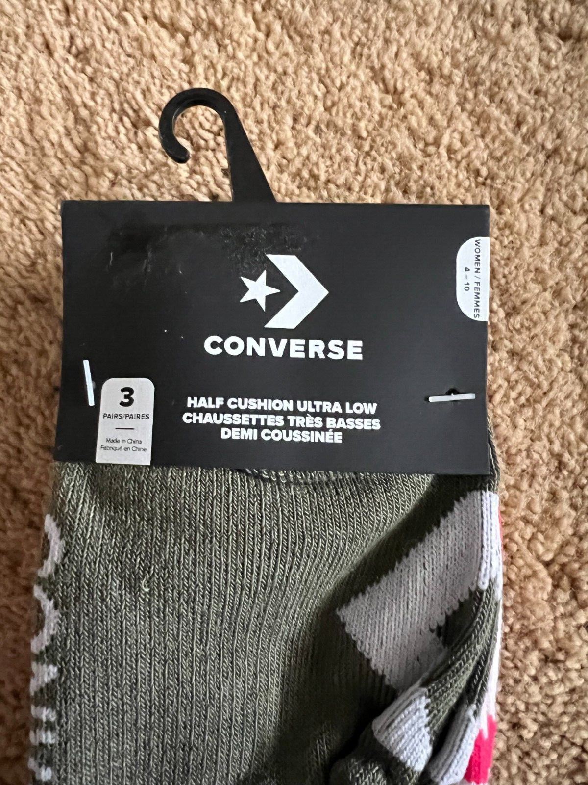CONVERSE Made For Chucks 3 Pk Half Cushion Ultra Low Size 4-10 Olive White Red