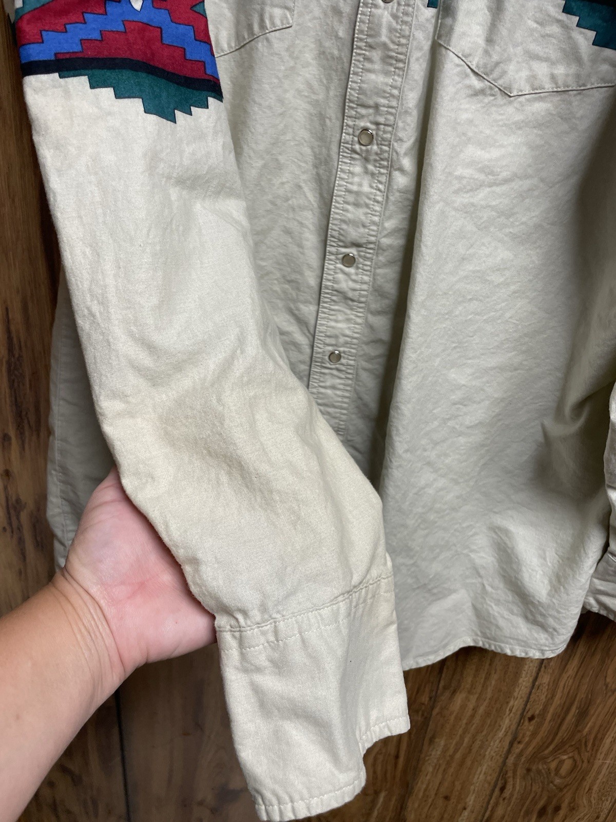 VTG Rustler by Wrangler Brushpopper Mens 2XT Pearl Snap Shirt Aztec Cowboy Tan