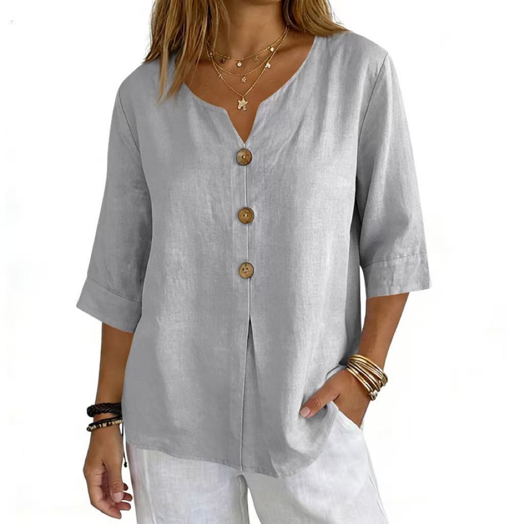Womens Linen Button Down Shirt V Neck 3/4 Sleeve Loose Fit Casual Blouse Top