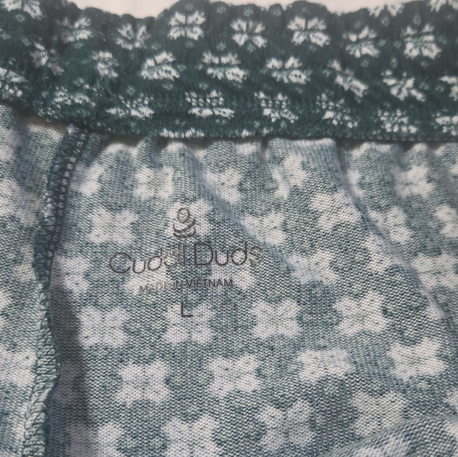 Cuddl Duds Women’s Fair Isle Pajama Set Green/White Long Sleeve Drawstring Sz L