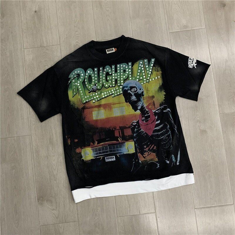 RoughPlay Skull Print Loose Beaded Washed Vintage Fake Two-Tone T-Shirts