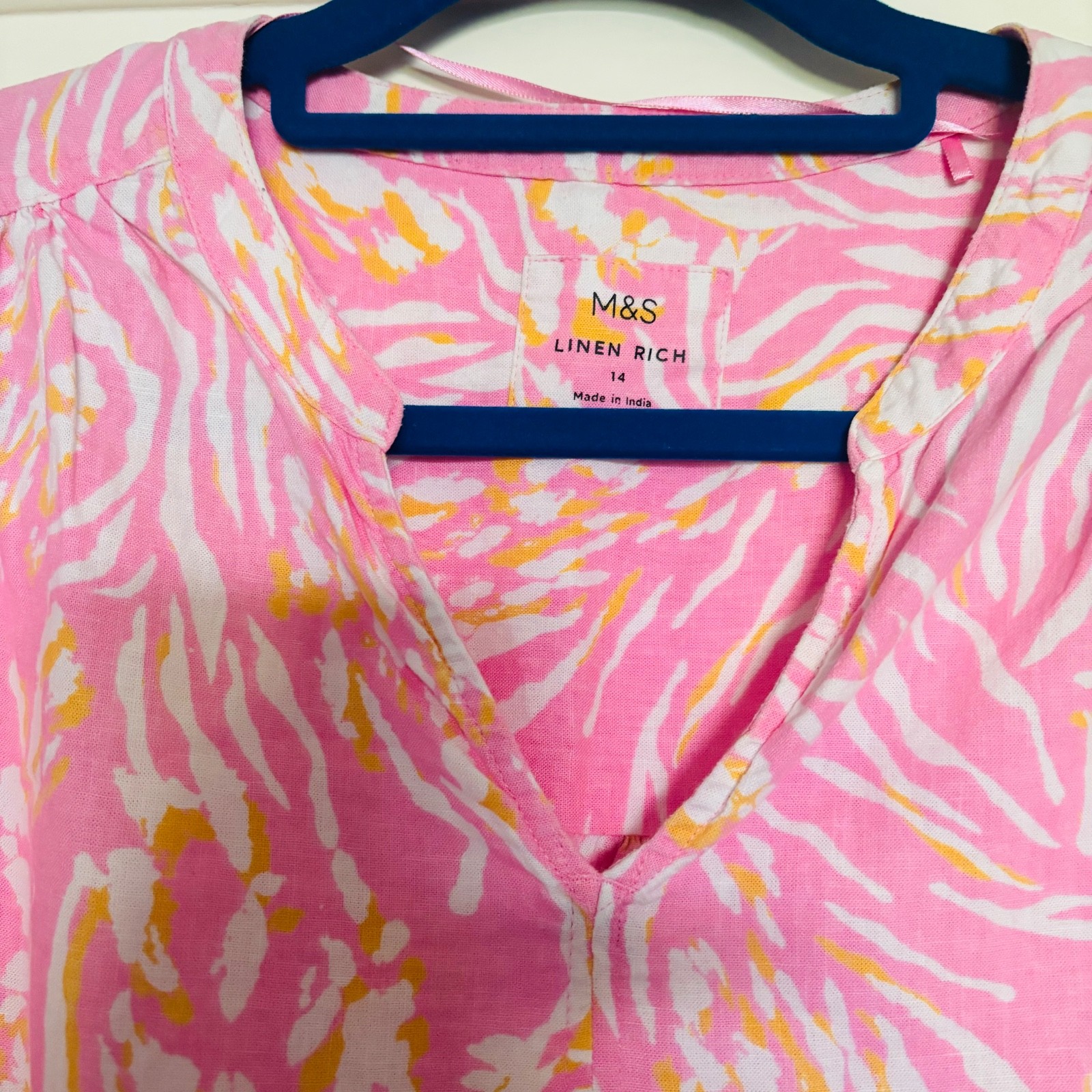 M&S Linen Blouse Pink UK 14 Women Prairie Boho Hippie Animal Print Cottagecore