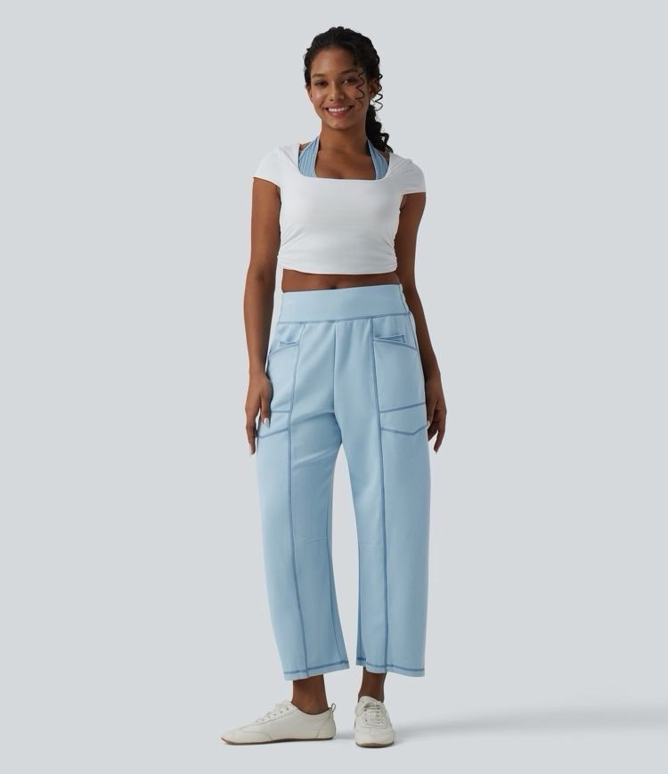 Halara High Waisted Top-stitching Casual Barrel Leg Sweatpants with Pockets L