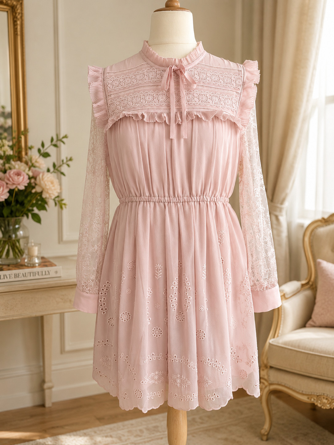 Self-Portrait Pink Broderie Chiffon Lace Mini Special Occasion Dress UK14