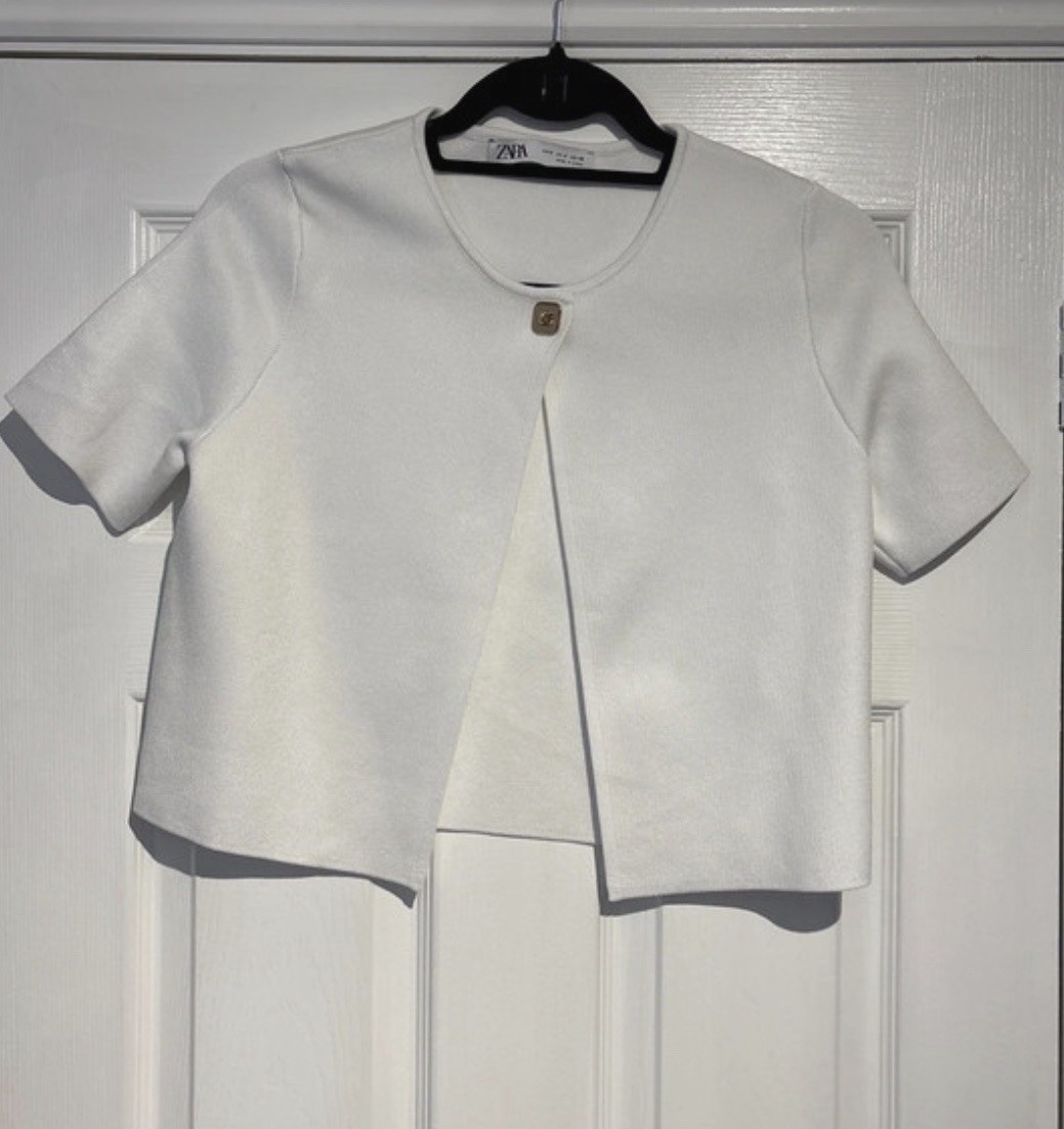 White Zara Short Sleeve Cropped Cardigan Jacket Size S Womens