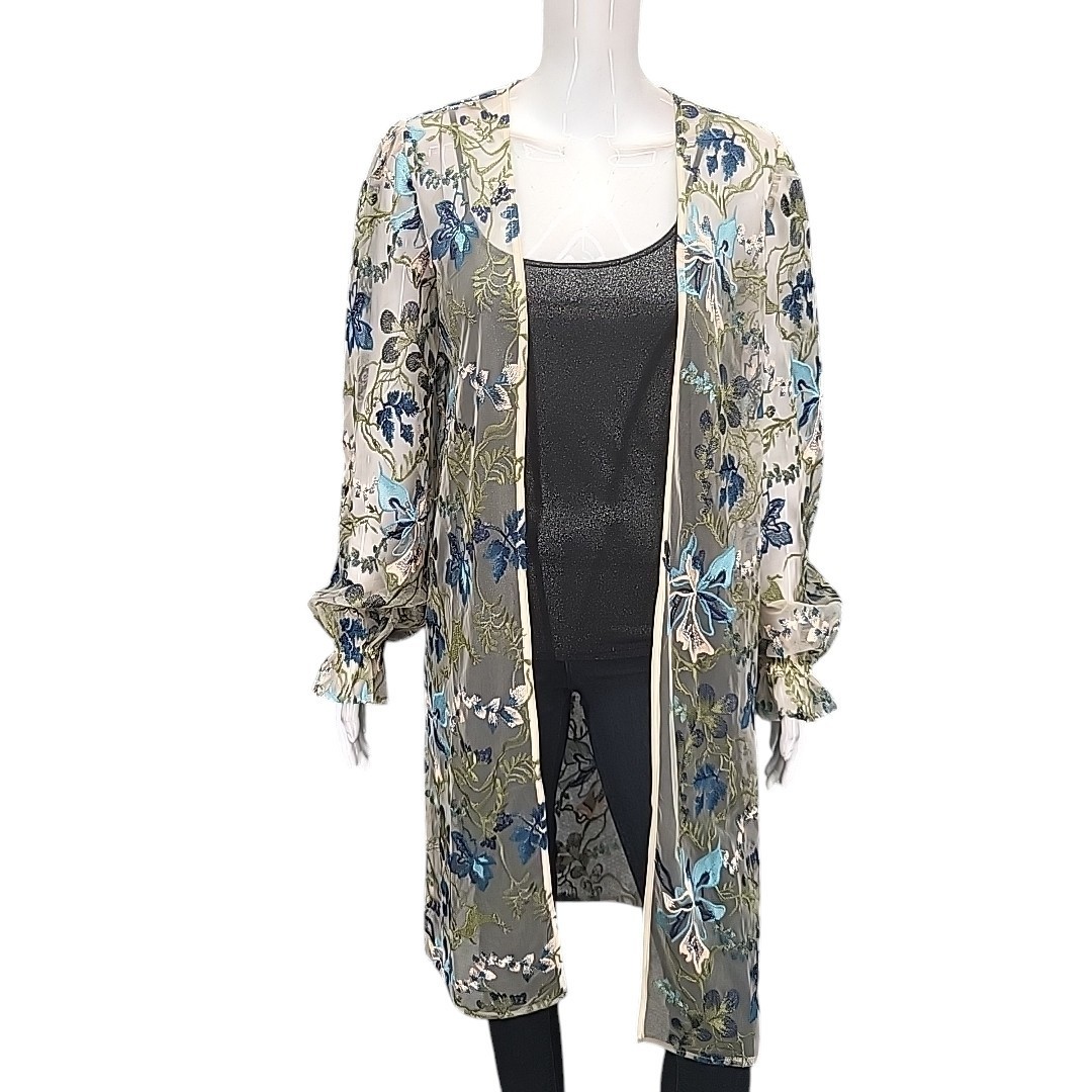 Indigo Thread Co Womens Dressy Open Front Sheer Embroidered Cardigan Medium Size