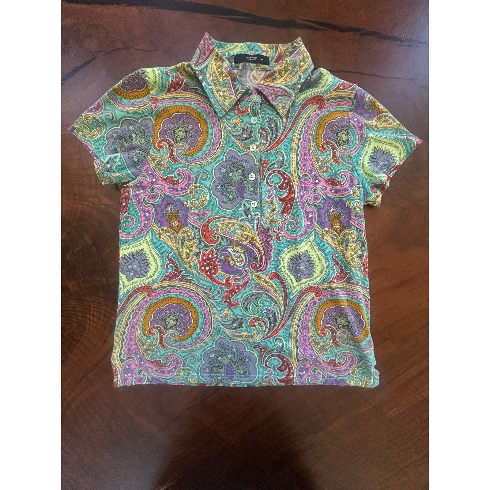 Vintage Y2K Etro Italy Paisley Knit Polo Shirt Top Multi-Color Sz 46 M/L