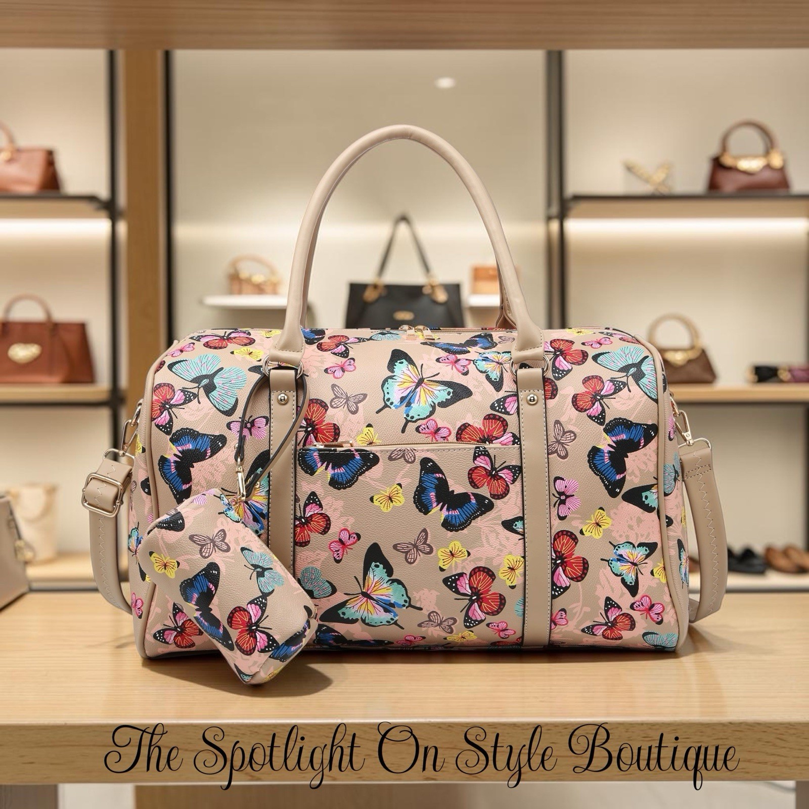 women’s large multicolor butterfly print duffle bag w/ detachable strap
