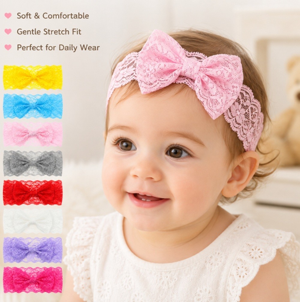 8 Baby Girl Headbands Set – Lace Bow & Flower Hair Bands for Toddlers & Infants