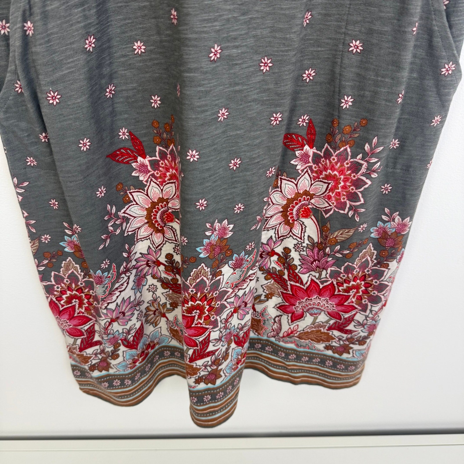 J.Jill Womens Caraway Sheath Short Sleeve Floral Pockets Grey/Red Dress Medium