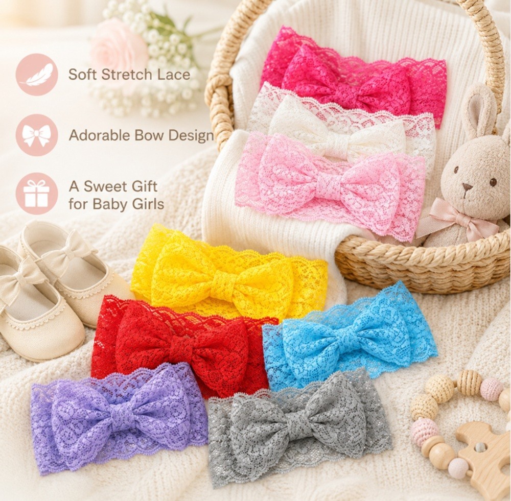 8 Baby Girl Headbands Set – Lace Bow & Flower Hair Bands for Toddlers & Infants
