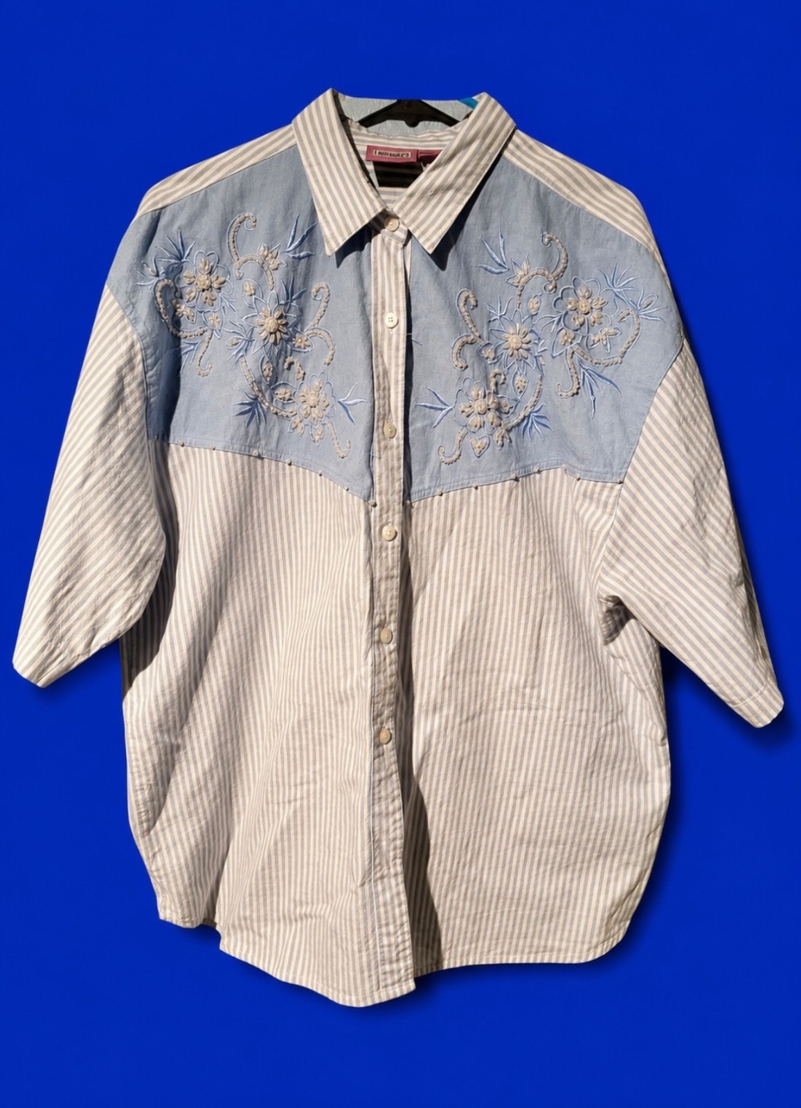 3X Premier International Striped White/Blue Embroidered Pearls Button Down Shirt