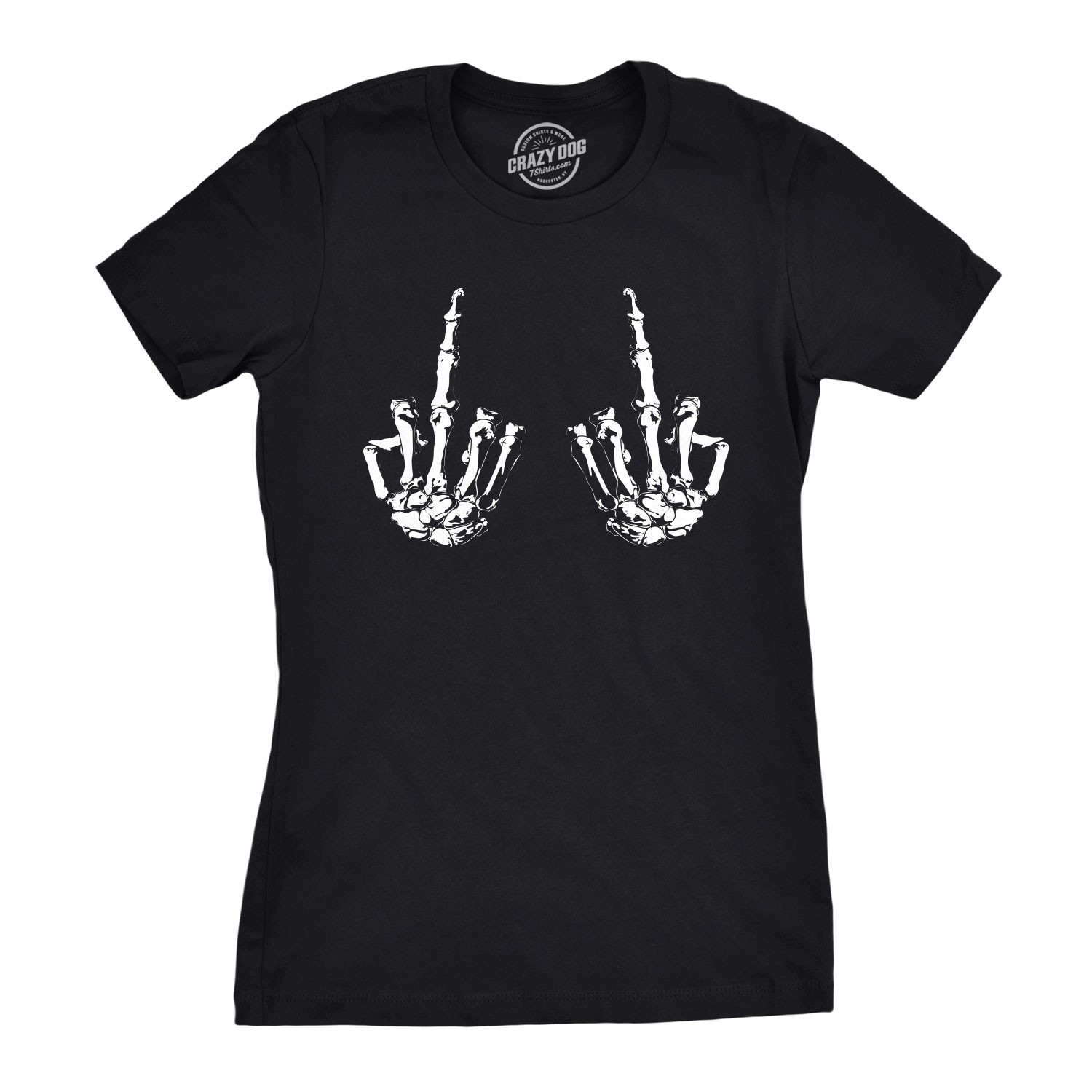 Womens Flipping The Bones Funny Skeleton Hands Middle Finger Halloween T Shirt