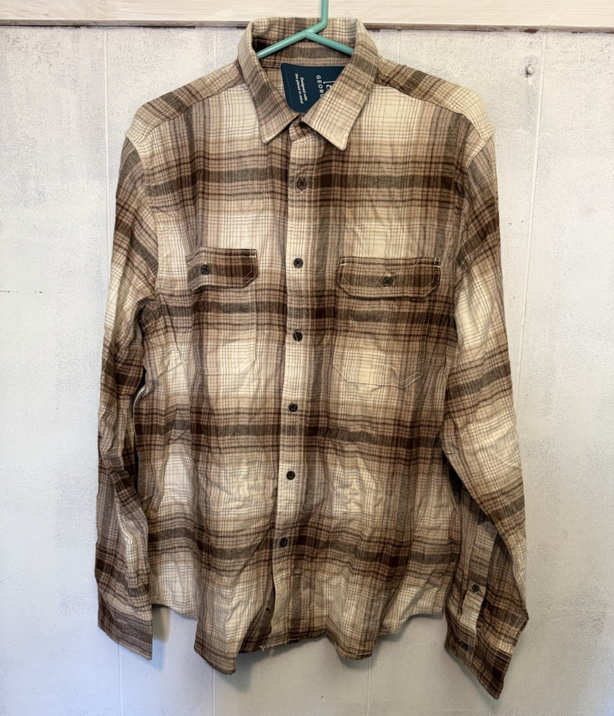 George Men’s Beige/Brown Plaid Long Sleeve Button-Up Point Collar Shirt L