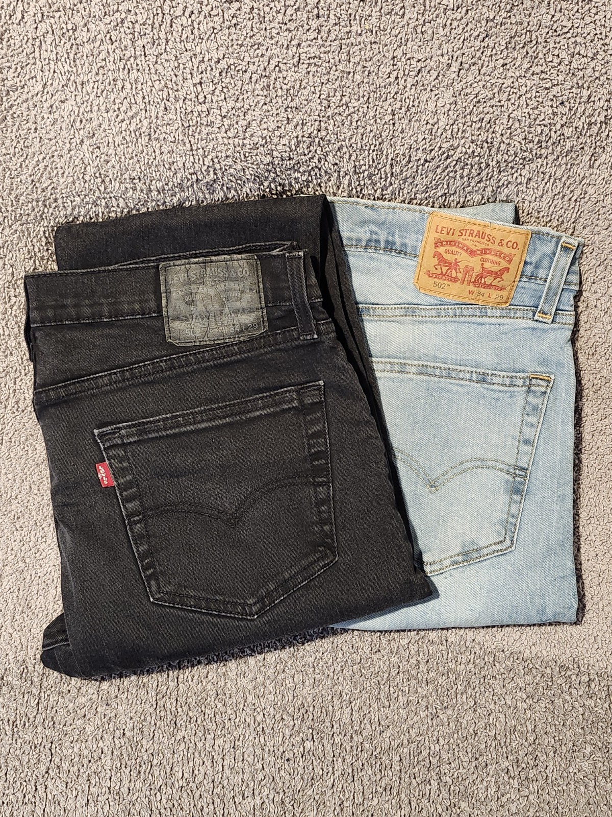 Levi 502 34×29 – Two Pair Lot – Black & Light Blue