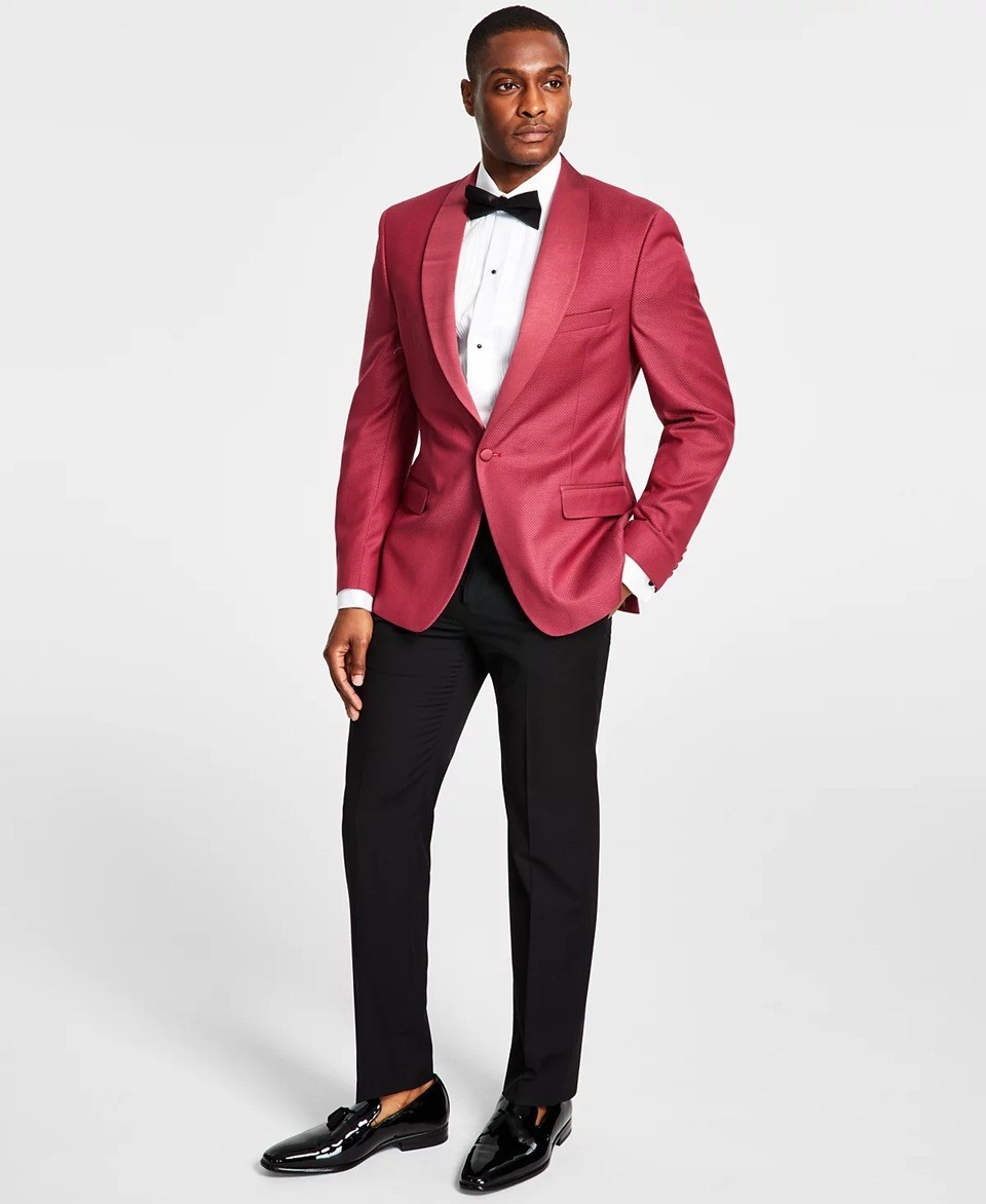 Alfani Mens Slim Fit Tuxedo Jacket Blazer 36S Red Rose Stretch Diamond Grid NWT